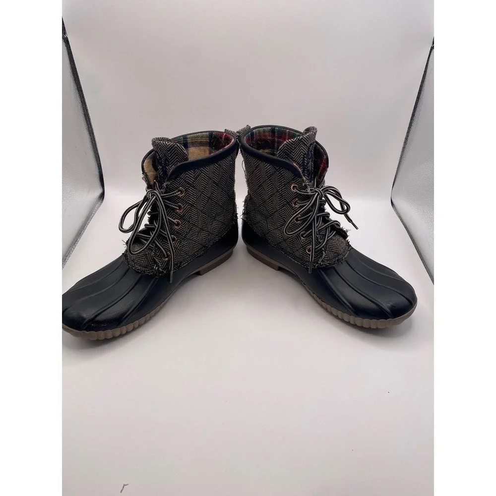 Marley Lilly Womens Herringbone Duck Boots Black Plaid Lined Ankle Rain Boots 6 - Picture 5 of 7
